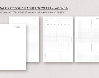 HALF LETTER - Rachel's Weekly Agenda - week on 2 pages, minimal design, printable insert