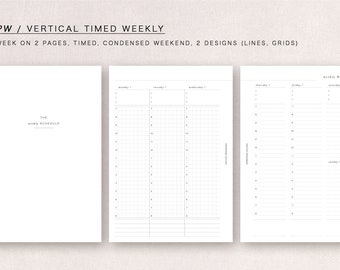 Personal Wide  - vertical timed weekly - week on 2 pages, minimal design, printable insert