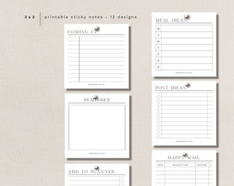 STICKY NOTES - 12 minimal + functional designs - 3" X 3" -  printable, digital download