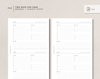 May include: Two-page planner spread with a minimalist design. Each page features sections for 'To Do,' 'Priority,' and 'Notes,' with a grid for expense tracking. The text 'TWO DAYS PER PAGE' and dimensions 4.25" x 6.73" are visible.