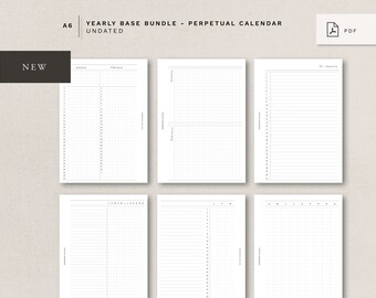 May include: A set of six printable A6 perpetual calendar pages. The pages are undated and feature a grid layout for writing in dates and events. The pages are designed for use with a yearly base bundle.