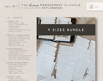 May include: A set of 9 different sized printable planner inserts for home management. The inserts include sections for home life, health and wellness, maintenance, home management, plant care, and pet care. The text "9 Sizes Bundle" is displayed in the center of the image.