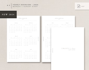 A5 - YEARLY OVERVIEW Bundle - 2024 - Monday + Sunday start - minimal design, printable insert