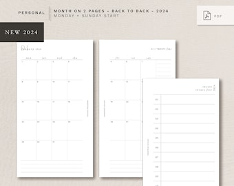 Personal - MO2P - 2024 January - December - Monday + Sunday start - minimal design, printable insert