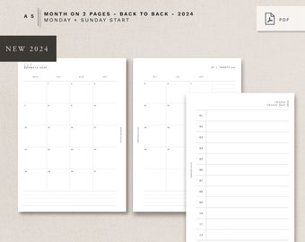 A5 - MO2P - back to back - 2024 January - December - Monday + Sunday start, A5 size - minimal design, printable insert