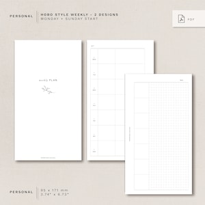 May include: Two printable designs for a weekly planner in a hobo style. The first design features a simple branch illustration and the text "weekly PLAN". The second design is a gridded page with the text "WEEKLY SCHEDULE". Both designs are sized for a personal planner, measuring 3.74 inches by 6.73 inches.