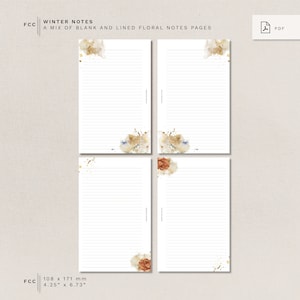 May include: Four printable pages featuring floral designs in shades of brown, gold, and white. The pages are lined and blank, and measure 108 mm by 171 mm.