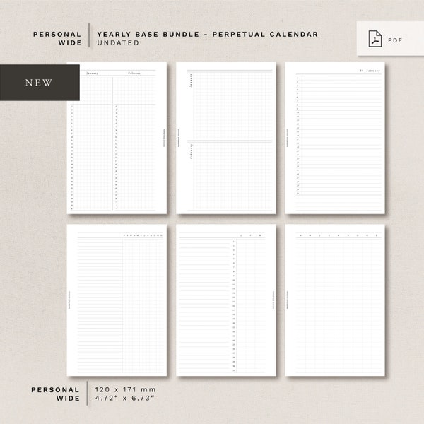 PW - Yearly BASE Bundle - Perpetual Calendar - undated, minimal design, printable insert