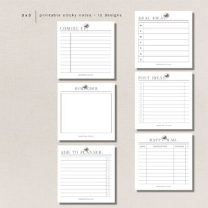 STICKY NOTES - 12 minimal + functional designs - 3" X 3" -  printable, digital download