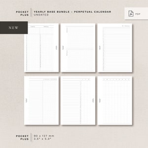 May include: A set of six printable perpetual calendar pages for a pocket planner. The pages are designed for a 3.5 inch by 5 inch planner and are 90 mm by 127 mm. The pages are blank and have a grid pattern.