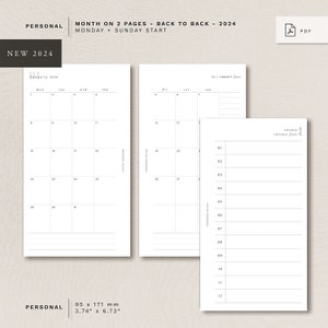 Personal - MO2P - 2024 January - December - Monday + Sunday start - minimal design, printable insert