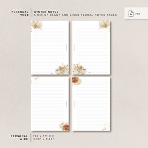 Personal Wide  - Winter Notes - A mix of blank and lined floral notes pages