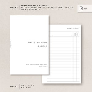 Könnte beinhalten: Ein weißer Entertainment Bundle-Planer mit dem Text "Entertainment Bundle" und "Release Schedule, TV Shows + Series, Movies, Books, Podcasts." Der Planer misst 117 x 178 mm. Ein PDF-Symbol befindet sich in der oberen rechten Ecke.