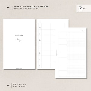 Puede incluir: Una página de planificador imprimible con un diseño semanal. La página tiene un diseño sencillo con una pequeña ilustración floral y el texto "weekly PLAN". La página mide 108 mm por 171 mm.