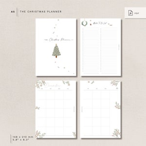 May include: A printable Christmas planner in A5 size, featuring a green Christmas tree illustration, a December calendar, and a to-do list. The planner is 14.8 cm by 21 cm.