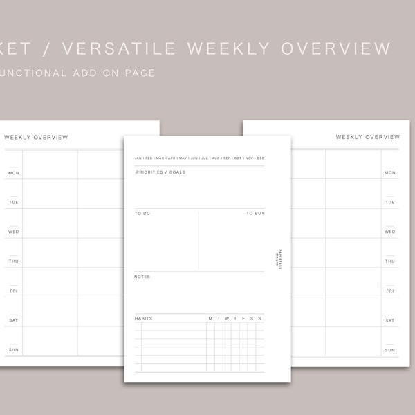 POCKET  - versatile WEEKLIES + ADD on page, minimal design, printable insert