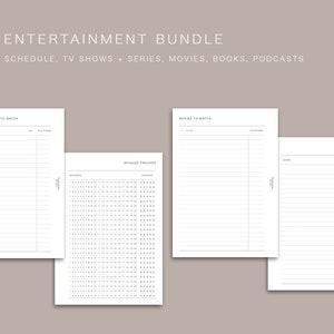 May include: A printable A6 entertainment bundle with pages for tracking TV shows, movies, books, and podcasts. The pages include sections for show titles, platforms, release dates, episode trackers, and movie reviews.