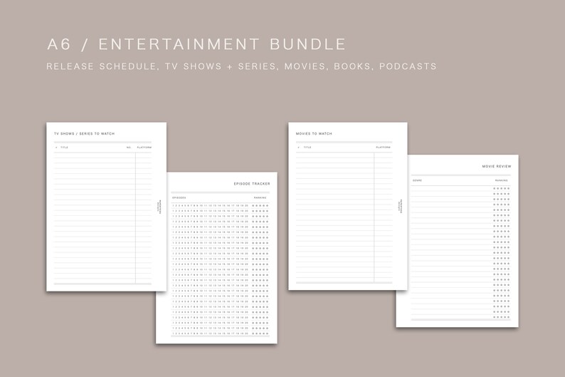 May include: A printable A6 entertainment bundle with pages for tracking TV shows, movies, books, and podcasts. The pages include sections for show titles, platforms, release dates, episode trackers, and movie reviews.