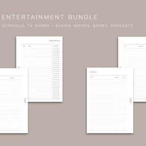 May include: A set of four printable A6 planner pages for tracking entertainment. The pages are titled "Books to Read", "Book Review", "Podcast", and "Episode Tracker".