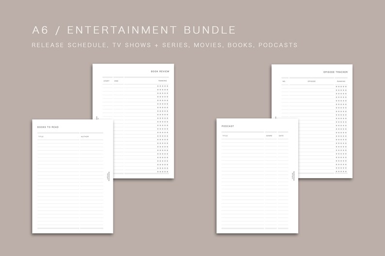 May include: A set of four printable A6 planner pages for tracking entertainment. The pages are titled "Books to Read", "Book Review", "Podcast", and "Episode Tracker".
