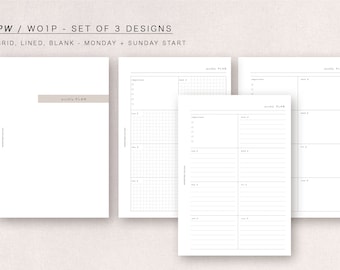 PW - WO1P - week on one page - Monday + Sunday start  - minimal design, printable insert