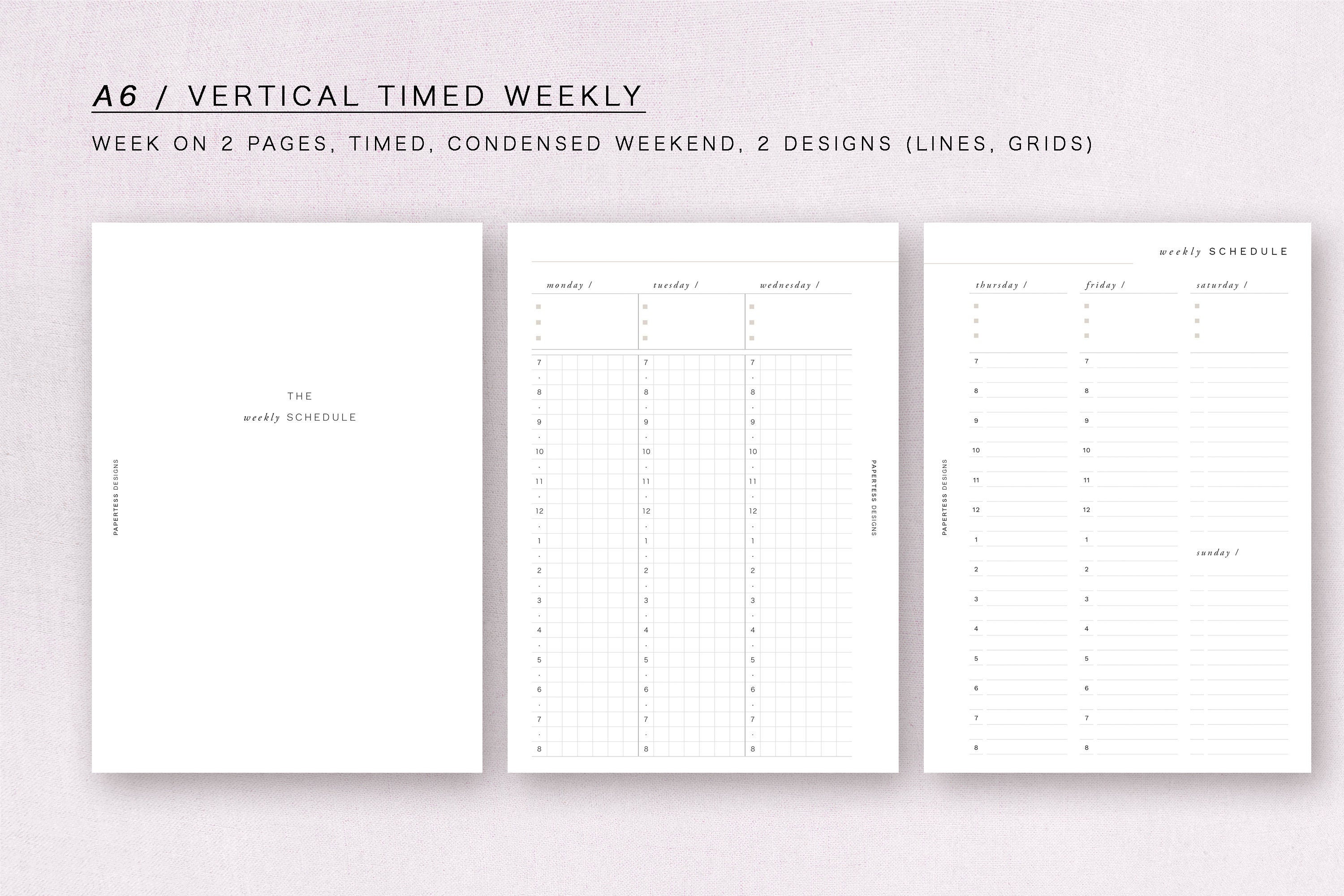 A6  - vertical timed weekly - week on 2 pages, minimal design, printable insert