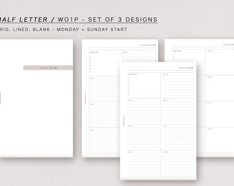 HALVE LETTER - WO1P - week op één pagina - Maandag + Zondag start, A5 formaat - minimaal ontwerp, afdrukbare insert