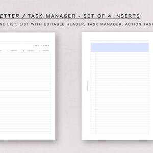 Puede incluir: Conjunto de cuatro insertos de planificador imprimibles para un planificador de tama&ntilde;o medio. Los insertos incluyen una lista "Get It Done", una lista con un encabezado editable, un administrador de tareas y un rastreador de tareas de acci&oacute;n.