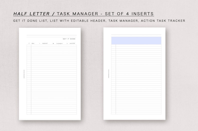 Puede incluir: Conjunto de cuatro insertos de planificador imprimibles para un planificador de tama&ntilde;o medio. Los insertos incluyen una lista "Get It Done", una lista con un encabezado editable, un administrador de tareas y un rastreador de tareas de acci&oacute;n.
