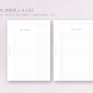 May include: A printable A6 sheet with two sections: "the Inbox" with four columns and "the LIST".