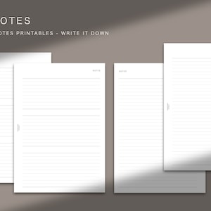 Könnte beinhalten: Zwei Sätze bedruckbarer A5-Notizpapier mit Linien. Das Papier ist weiß mit schwarzen Linien und dem Wort "NOTES" oben auf jeder Seite.