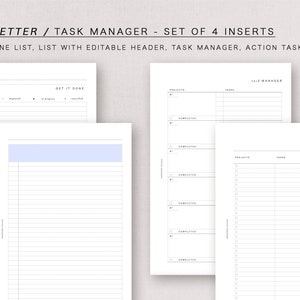 Puede incluir: Conjunto de cuatro insertos de planificador imprimibles de media carta. Los insertos incluyen una lista "Get It Done", una lista con un encabezado editable, un administrador de tareas y un rastreador de tareas de acci&oacute;n.