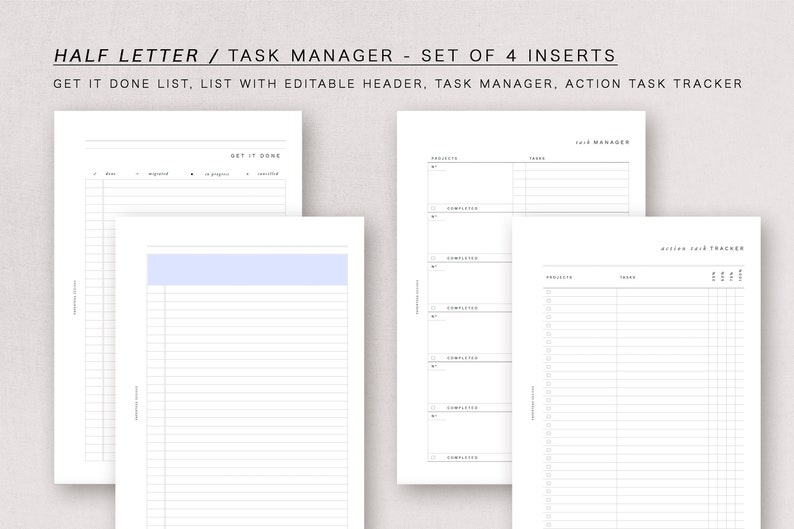 Puede incluir: Conjunto de cuatro insertos de planificador imprimibles de media carta. Los insertos incluyen una lista "Get It Done", una lista con un encabezado editable, un administrador de tareas y un rastreador de tareas de acci&oacute;n.