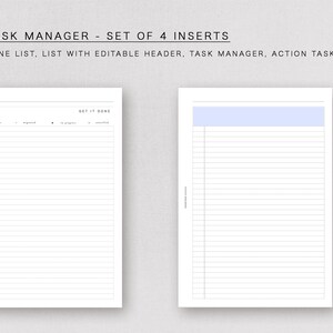 May include: A set of four printable A5 task manager inserts. The inserts include a "Get It Done" list, a list with an editable header, a task manager, and an action task tracker.