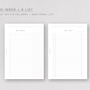 May include: A printable A5 sheet with two sections: "the Inbox" and "the List". The Inbox section has six columns and is designed for organizing tasks or ideas. The List section is a simple list for additional items.