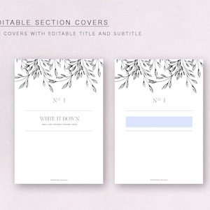 Könnte beinhalten: Zwei druckbare A6-Abschnittsumschläge mit floralem Design. Der erste Umschlag trägt den Text "N° 1" und "WRITE IT DOWN". Der zweite Umschlag trägt den Text "N° 1" und einen leeren Platz für einen Titel.