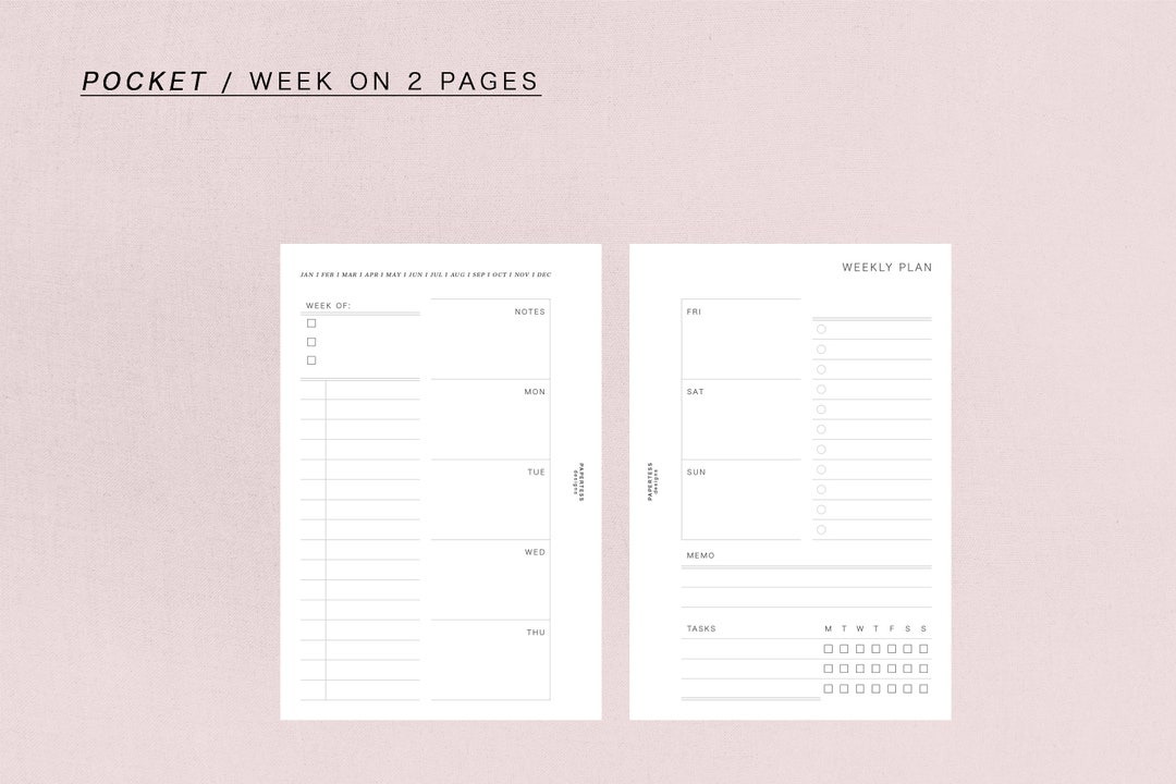 POCKET - WO2P - Week on 2 Pages, Minimal Design, Printable Insert - Etsy