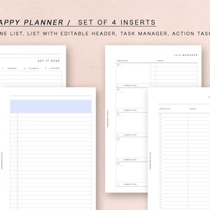 Könnte beinhalten: Satz mit vier druckbaren Planer-Einsätzen für einen Mini-Happy-Planer. Die Einsätze beinhalten eine "Get It Done"-Liste, eine Liste mit einem editierbaren Kopf, einen Aufgabenmanager und einen Aktionsaufgaben-Tracker.