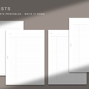 Puede incluir: Cuatro listas imprimibles en blanco de tamaño A5 con el texto "LISTA" en la parte superior de cada página. El texto "A5 / LISTAS" y "2 CONJUNTOS DE LISTAS IMPRIMIBLES - ESCRÍBELO" están en la parte superior de la imagen.