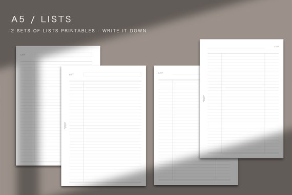 A5 - LISTS - 2 sets of minimal list designs,  A5, printable inserts