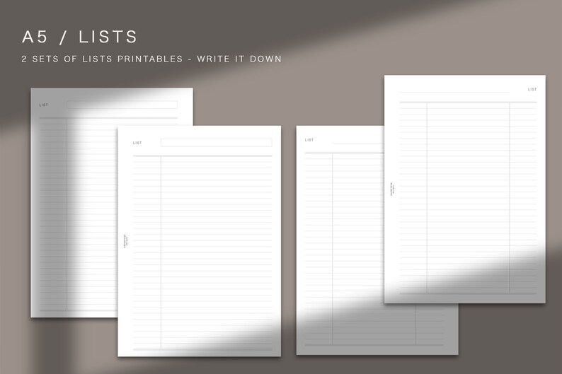 May include: Four blank printable A5 sized lists with the text "LIST" at the top of each page. The text "A5 / LISTS" and "2 SETS OF LISTS PRINTABLES - WRITE IT DOWN" are at the top of the image.