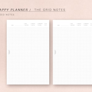 Puede incluir: Dos páginas de notas de cuadrícula blancas con el texto "MINI HAPPY PLANNER / THE GRID NOTES" y "CATEGORIZED NOTES" en la parte superior. Cada página tiene un patrón de cuadrícula y casillas de verificación para varias categorías. El fondo es rosa claro.