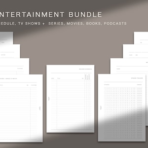 Könnte beinhalten: Ein Satz druckbarer A5-Entertainment-Planerseiten. Die Seiten enthalten Abschnitte zum Verfolgen von Fernsehsendungen, Filmen, Büchern und Podcasts. Die Seiten sind so konzipiert, dass Sie Ihren Unterhaltungsplan verfolgen und Ihre Ansicht und Lektüre planen können.