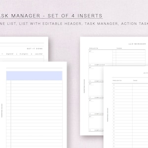 Może przedstawiać: Zestaw czterech drukowanych wkładów do planera A6 do zarządzania zadaniami. Wkłady zawierają listę "Get It Done", listę z edytowalnym nagłówkiem, menedżera zadań i śledzenie zadań.
