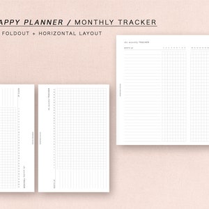 May include: Two printable monthly planner templates. One template is a horizontal layout with a grid and lines. The other template is a foldout style with a grid.