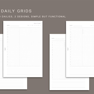 Puede incluir: Dos páginas de planificador diario A5 con diferentes cuadrículas. La primera página tiene una cuadrícula con filas y columnas numeradas. La segunda página tiene una cuadrícula con filas numeradas y un espacio en blanco para escribir. Ambas páginas tienen el texto "DAILY PLAN" en la parte superior.