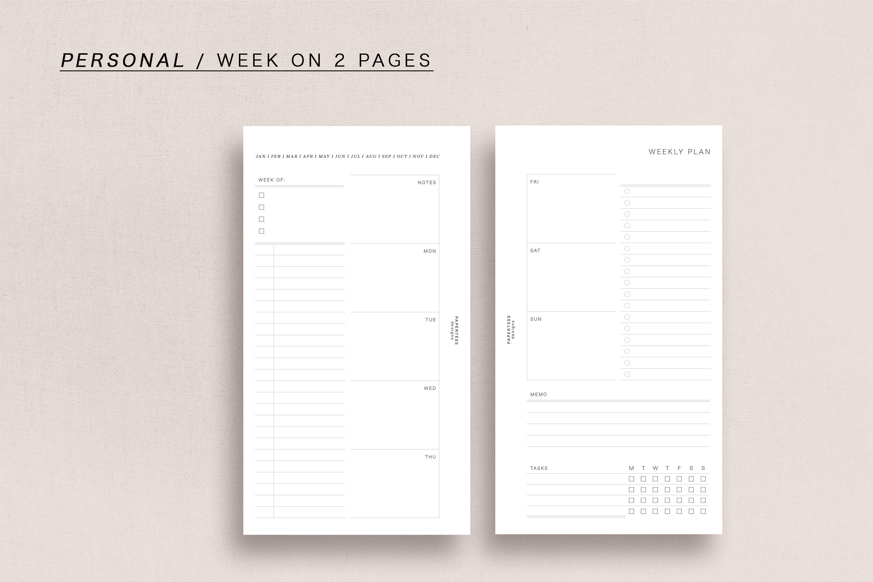PERSONAL - WO2P - Week on 2 Pages, Minimal Design, Printable Insert - Etsy