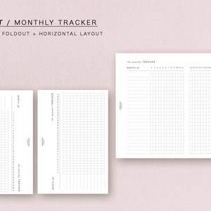 Puede incluir: Dos plantillas de seguimiento mensual imprimibles. La primera plantilla es un estilo desplegable con una cuadrícula para cada día del mes. La segunda plantilla es un diseño horizontal con una cuadrícula para cada día del mes y un espacio para notas.