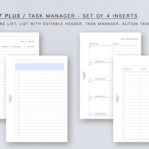 Könnte beinhalten: Satz von vier druckbaren Planer-Einsätzen für einen Taschenplaner. Die Einsätze beinhalten eine "Get It Done"-Liste, eine Liste mit einem editierbaren Kopf, einen Aufgabenmanager und einen Aktionsaufgaben-Tracker.