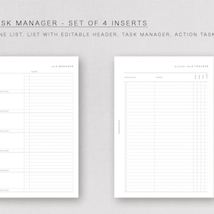 May include: A set of four printable A5 planner inserts for task management. The inserts include a "Get It Done List", a list with an editable header, a task manager, and an action task tracker.